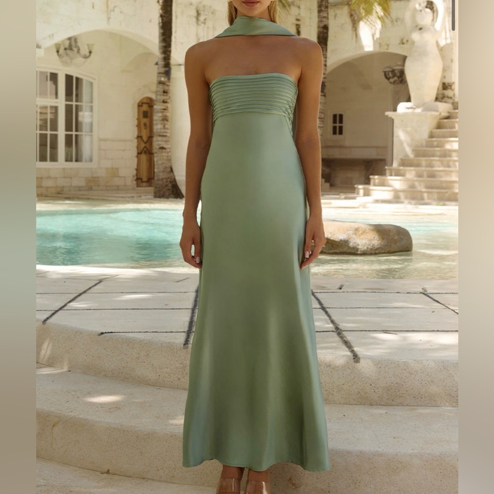Runaway the Label Elegant Sage Green Strapless Maxi Dress